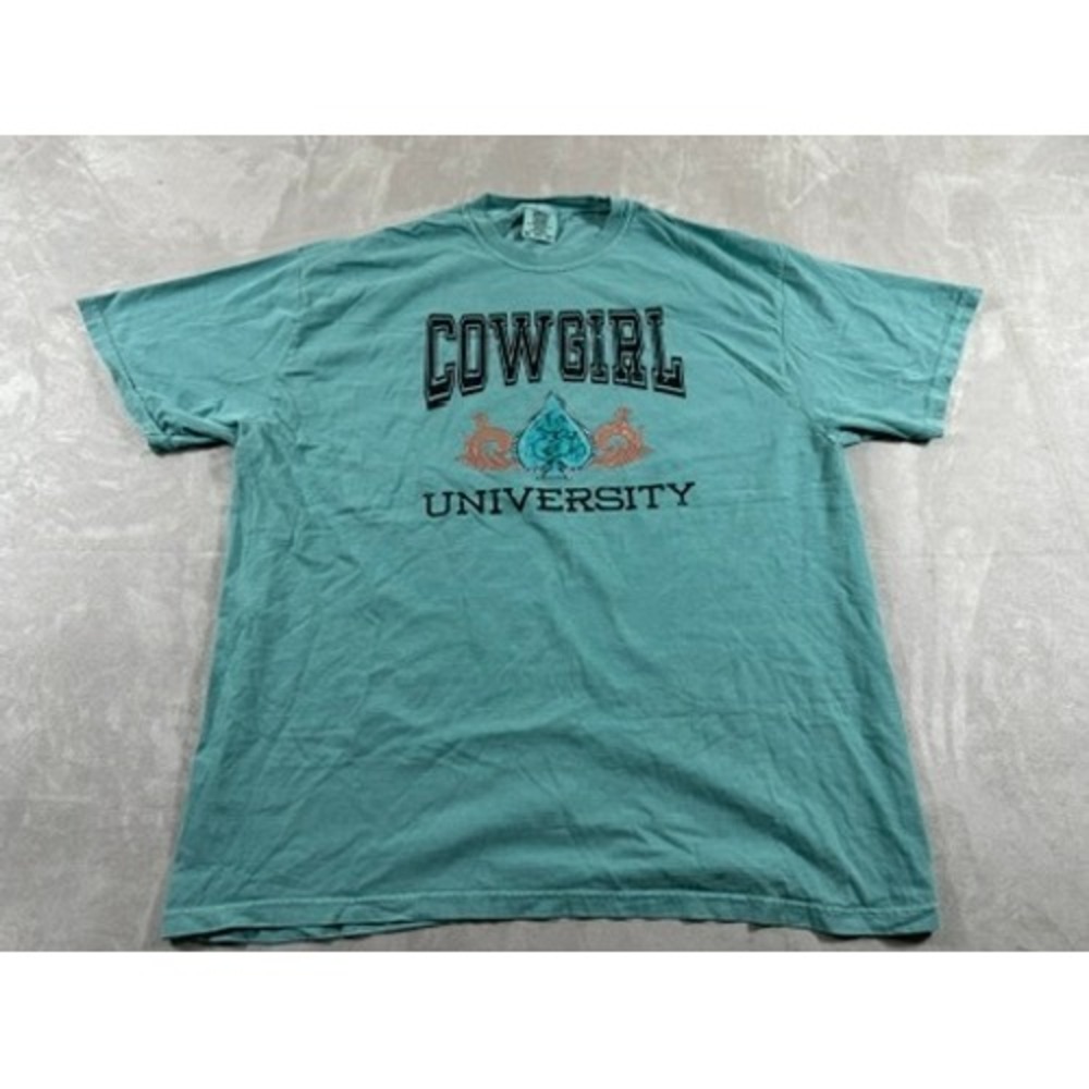 Comfort Colors T-Shirt Mens 2XL Teal Green Cowgirl University Graphic Tee